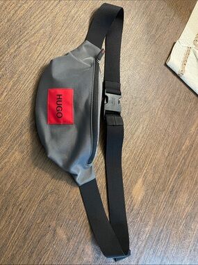 HUGO Gray Belt Bag with Red Logo Patch and Black Strap